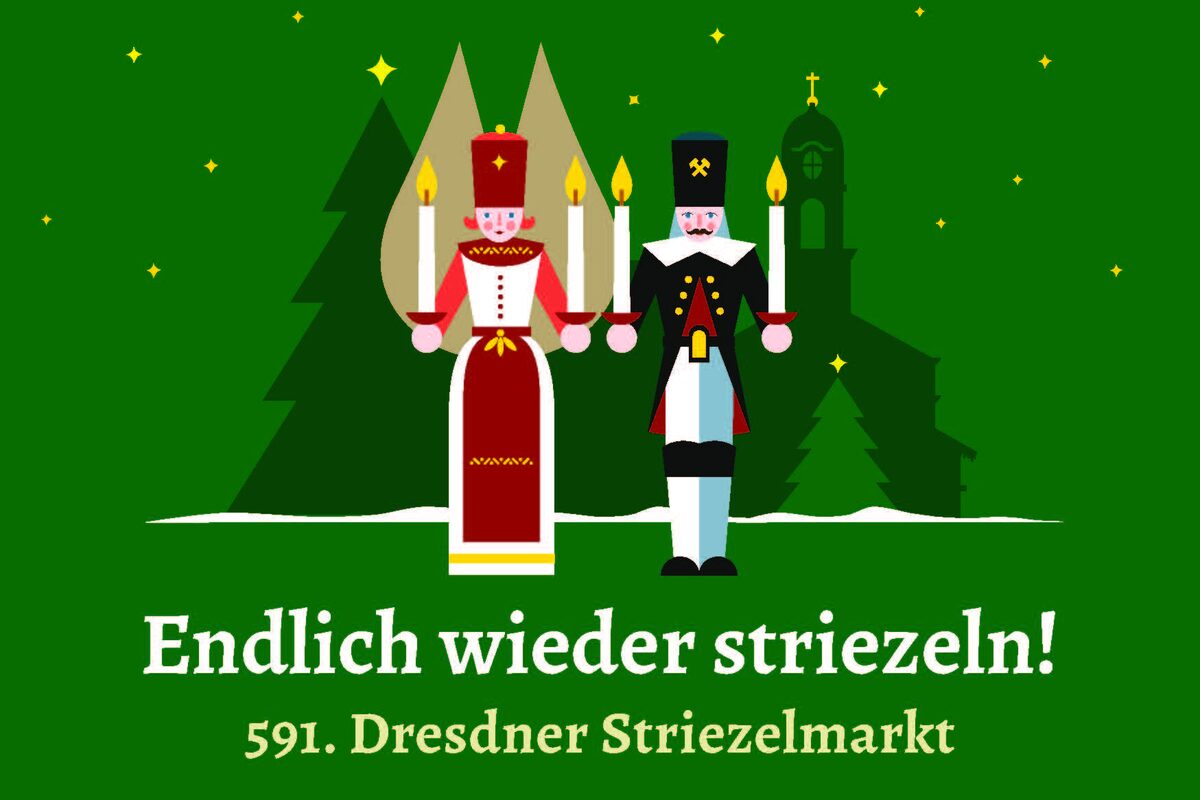 Postkarte vom Striezelmarkt mit Bergmann und Engel