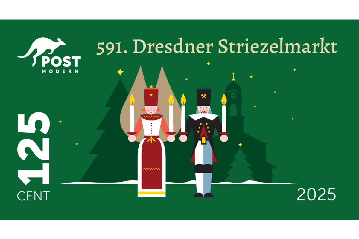 Striezelmarktbriefmarke mit Motiv Engel und Bergmann